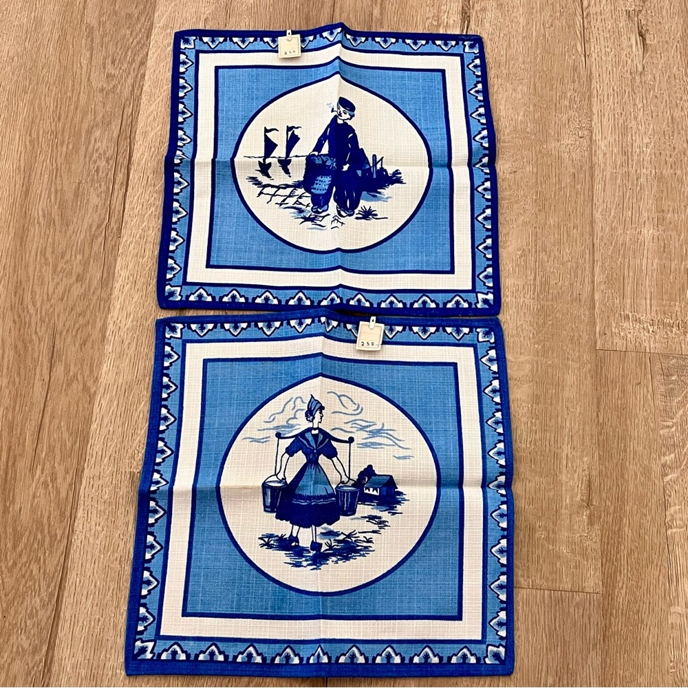 2 PCs Square Napkins Tablecloth Cotton Dutch Blue Delft Holland‎ 10.5” Vtg NWT